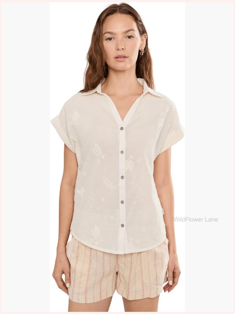 Floral Embroidered Button-Down Short Sleeve Blouse